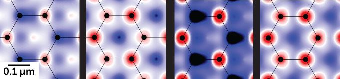 A series of four images showing how electrons move through graphene under laser illumination. Their density is represented by red, for higher, and blue and white for lower. Each shows six carbon atoms over an offset background of those colors.